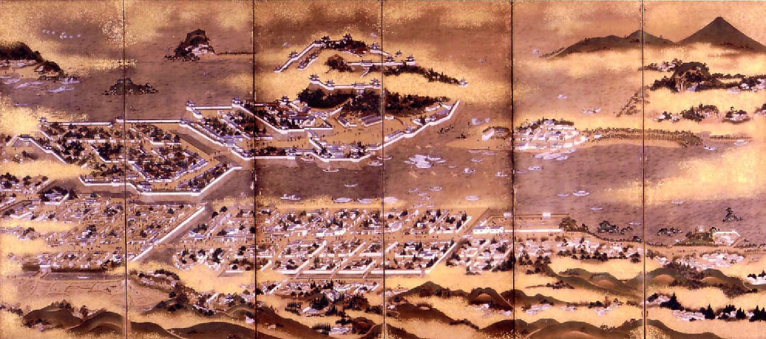 描绘唐津古城街景的屏风